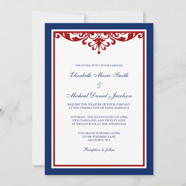Navy Blue and Red Flourish Wedding Invitation (Front)