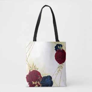 navy blue and red flowers gold tote bag