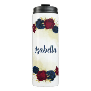navy blue and red flowers greenery thermal tumbler