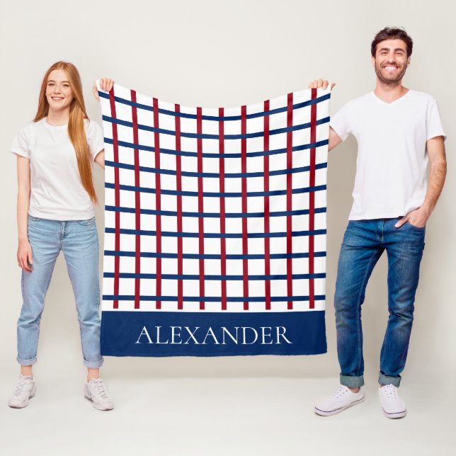 Navy Blue and Red Plaid on White Personalised Fleece Blanket (In Situ)
