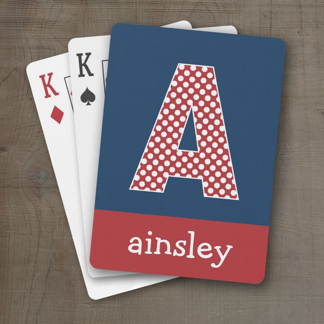 Navy Blue and Red Polka Dots Custom Monogram Playing Cards (Personalized Playing Cards - Huge Monogram)