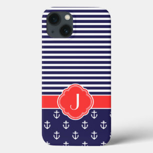 Navy Blue and Red Preppy Nautical Monogram iPhone 13 Case
