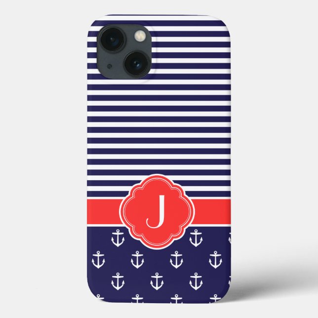 Navy Blue and Red Preppy Nautical Monogram Case-Mate iPhone Case (Back)