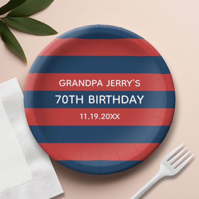 Navy Blue and Red Rugby Stripes Birthday Party Paper Plate (Custom Paper Plate)