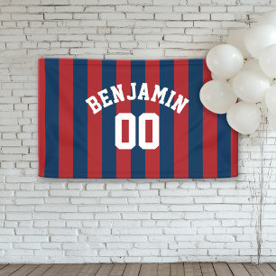 Navy Blue and Red Rugby Stripes Name Number Banner