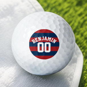 Navy Blue and Red Rugby Stripes Name Number Golf Balls
