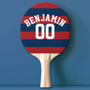 Navy Blue and Red Rugby Stripes Name Number Ping Pong Paddle