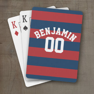 Navy Blue and Red Rugby Stripes Name Number Playing Cards