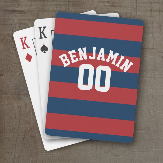 Navy Blue and Red Rugby Stripes Name Number Playing Cards (Personalized Playing Cards - Sports Design)
