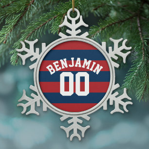Navy Blue and Red Rugby Stripes Name Number Snowflake Pewter Christmas Ornament
