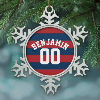Navy Blue and Red Rugby Stripes Name Number Snowflake Pewter Christmas Ornament