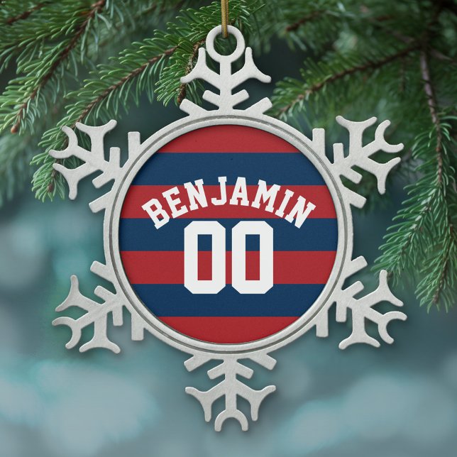 Navy Blue and Red Rugby Stripes Name Number Snowflake Pewter Christmas Ornament (Personalized Pewter Christmas Ornament)