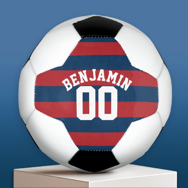 Navy Blue and Red Rugby Stripes Name Number Soccer Ball (Custom Soccer Ball)