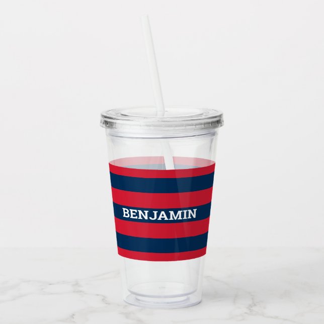 Navy Blue and Red Rugby Stripes with Custom Name Acrylic Tumbler (Left)