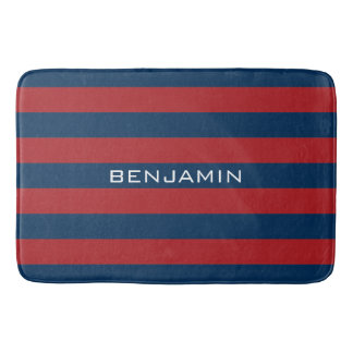 Navy Blue and Red Rugby Stripes with Custom Name Bath Mat