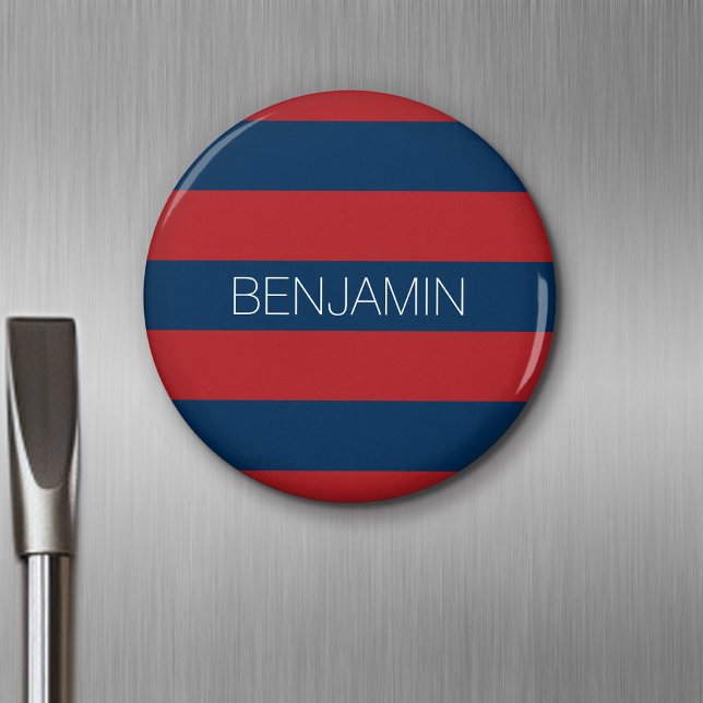 Navy Blue and Red Rugby Stripes with Custom Name Magnet (Personalized Fridge Magnet - Party Favor - Add Custom Text)