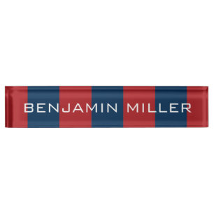 Navy Blue and Red Rugby Stripes with Custom Name Nameplate