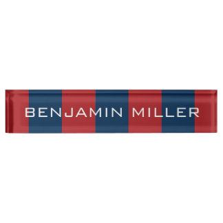 Navy Blue and Red Rugby Stripes with Custom Name Nameplate