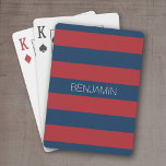 Navy Blue and Red Rugby Stripes with Custom Name Playing Cards<br><div class="desc">Dark Blues and a traditional red -- A manly pattern for the guys and boys in your family. A bold and modern design with an area for customised text. If you need to adjust the artwork or change the font, you can click on the customise area. This will take you...</div>