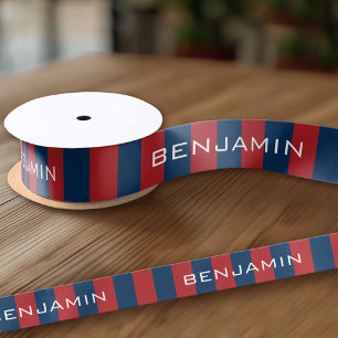 Navy Blue and Red Rugby Stripes with Custom Name Satin Ribbon