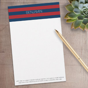 Navy Blue and Red Rugby Stripes with Custom Name Stationery