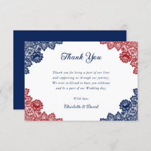 Navy Blue and Red Rustic Floral Lace Wedding Thank You Card