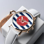 Navy Blue and Red Stripes Pattern Monogram Watch<br><div class="desc">Modern and trendy design features a chic horizontal stripes pattern and can be personalised with your monogram,  initials,  name,  or any text of your choice.</div>