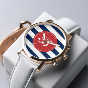 Navy Blue and Red Stripes Pattern Monogram Watch