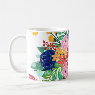 Navy Blue and Red watercolor boho chic Flowers Coffee Mug