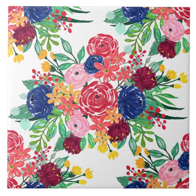 Navy Blue and Red watercolor boho chic Flowers Tile (Front)
