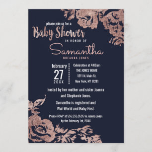 Navy Blue and Rose Gold Floral Baby Shower Invitation