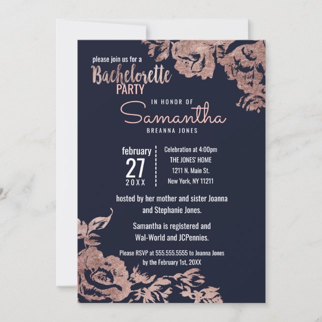Navy Blue and Rose Gold Floral Bachelorette Party Invitation (Front)