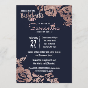Navy Blue and Rose Gold Floral Bachelorette Party Invitation