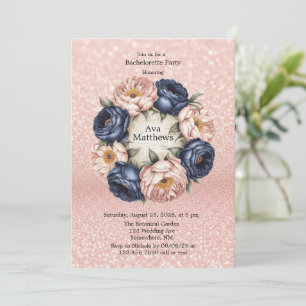 Navy Blue and Rose Gold Floral Bachelorette Party Invitation