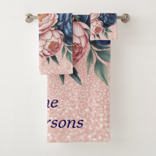 Navy Blue and Rose Gold Floral Bath Towel Set