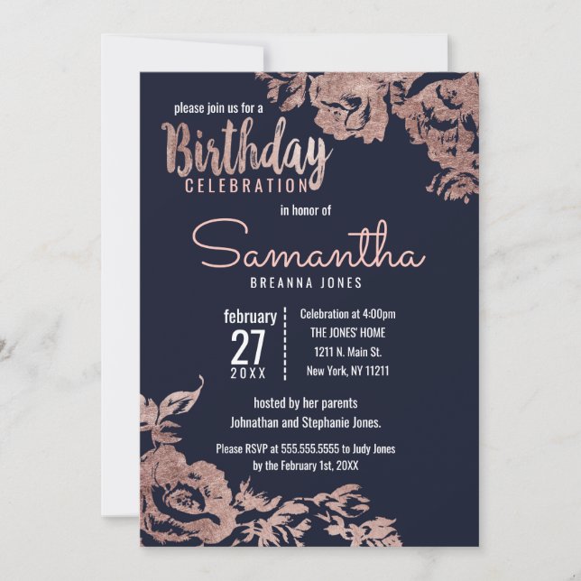 Navy Blue and Rose Gold Floral Birthday Party Invitation (Front)