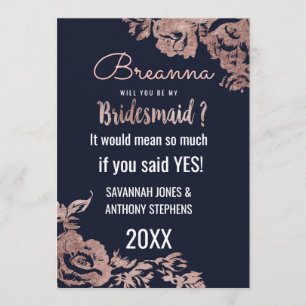 Navy Blue and Rose Gold Floral Bridesmaids Invitation