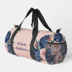 Navy Blue and Rose Gold Floral Duffle Bag
