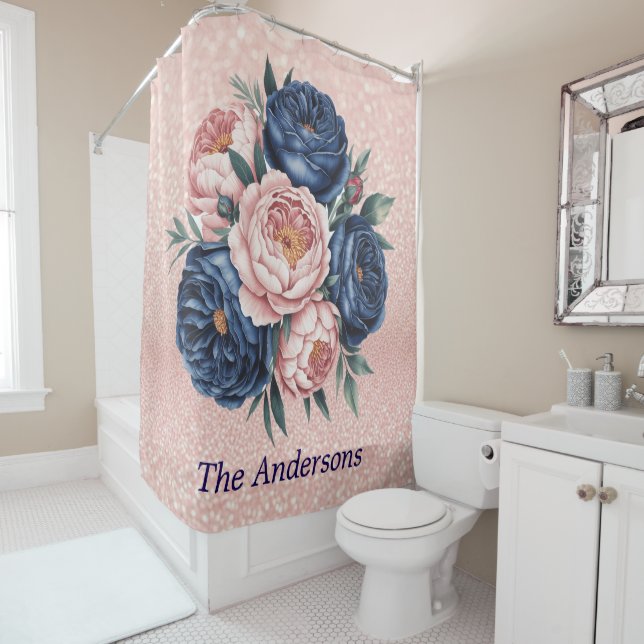 Navy Blue and Rose Gold Floral Shower Curtain (In Situ)