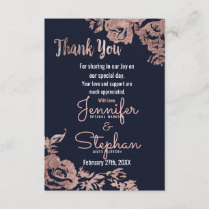 Navy Blue and Rose Gold Floral Thank You Card