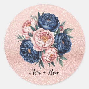 Navy Blue and Rose Gold Floral Wedding  Classic Round Sticker