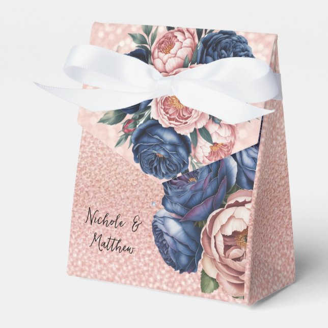 Navy Blue and Rose Gold Floral Wedding  Favour Box (Front Side)