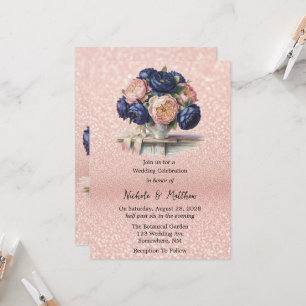 Navy Blue and Rose Gold Floral Wedding  Invitation