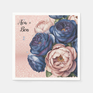 Navy Blue and Rose Gold Floral Wedding  Napkin