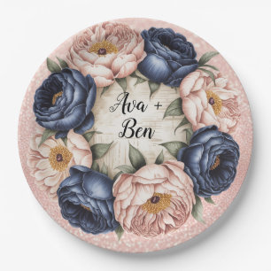 Navy Blue and Rose Gold Floral Wedding  Paper Plate