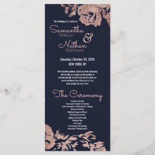 Navy Blue and Rose Gold Floral Wedding Program Programme