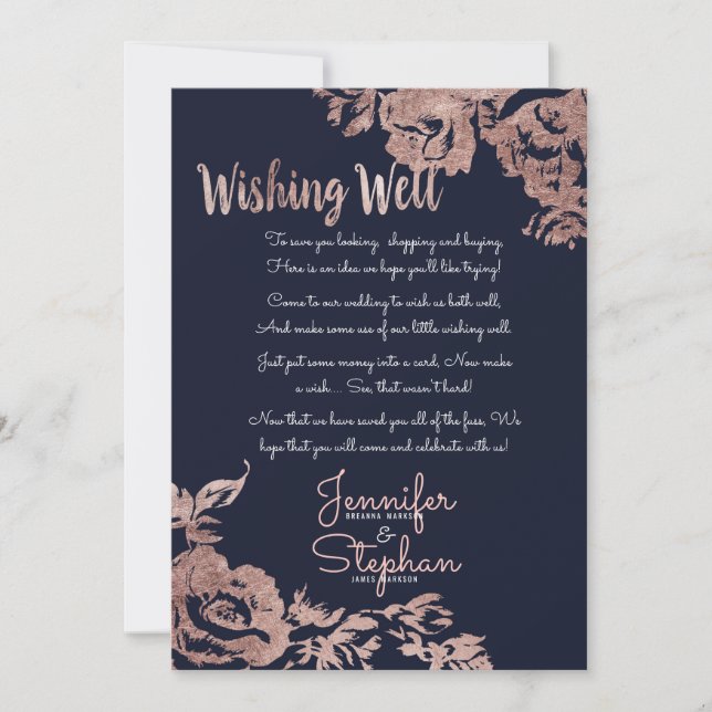 Navy Blue and Rose Gold Floral Wishing Well Invitation (Front)