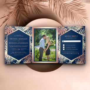 Navy Blue and Rose Gold Foil Tropical Palm Wedding Tri-Fold Invitation