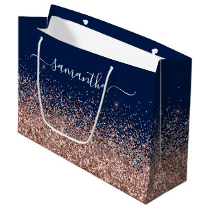 Navy Blue and Rose Gold Glitter Elegant Name Large Gift Bag
