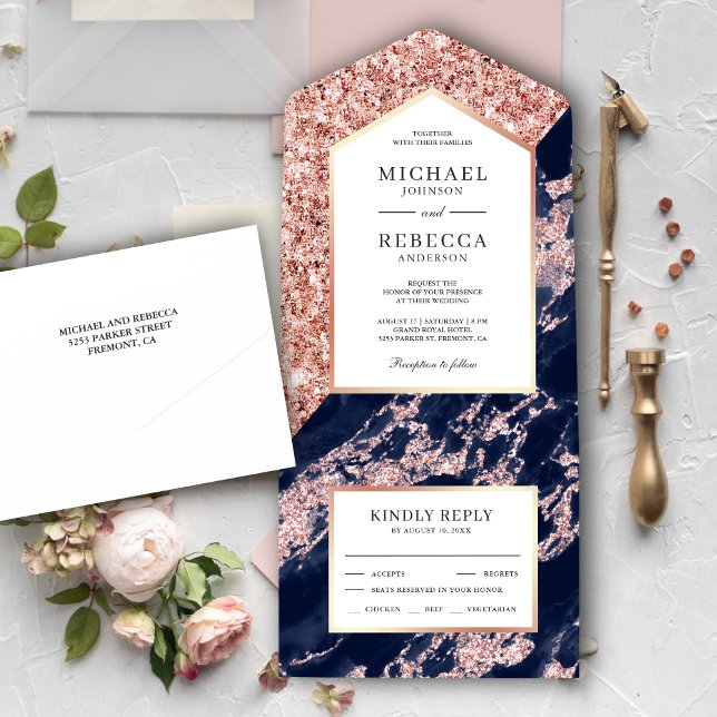 Navy Blue and Rose Gold Glitter Marble Wedding All In One Invitation (Creator Uploaded)